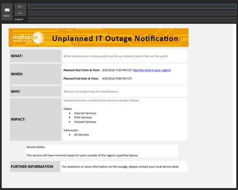 unplanned outage notification template  One of the quickest ways your team can send out outage notifications to customers is to have a set of ready templates for possible outage scenarios and customer queries
